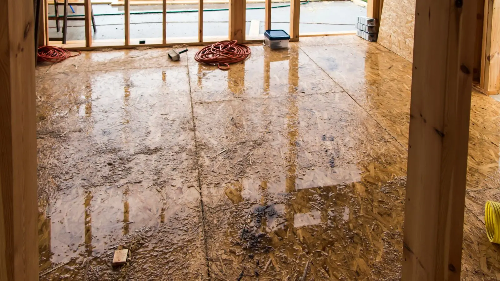 Wet wood floor shining with water between framing posts
