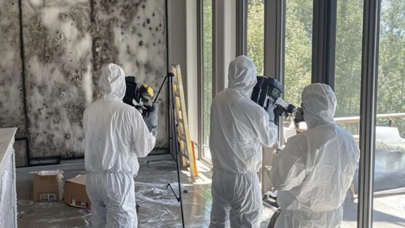 Two inspectors in white protective suits documenting a mold-damaged room with cameras
