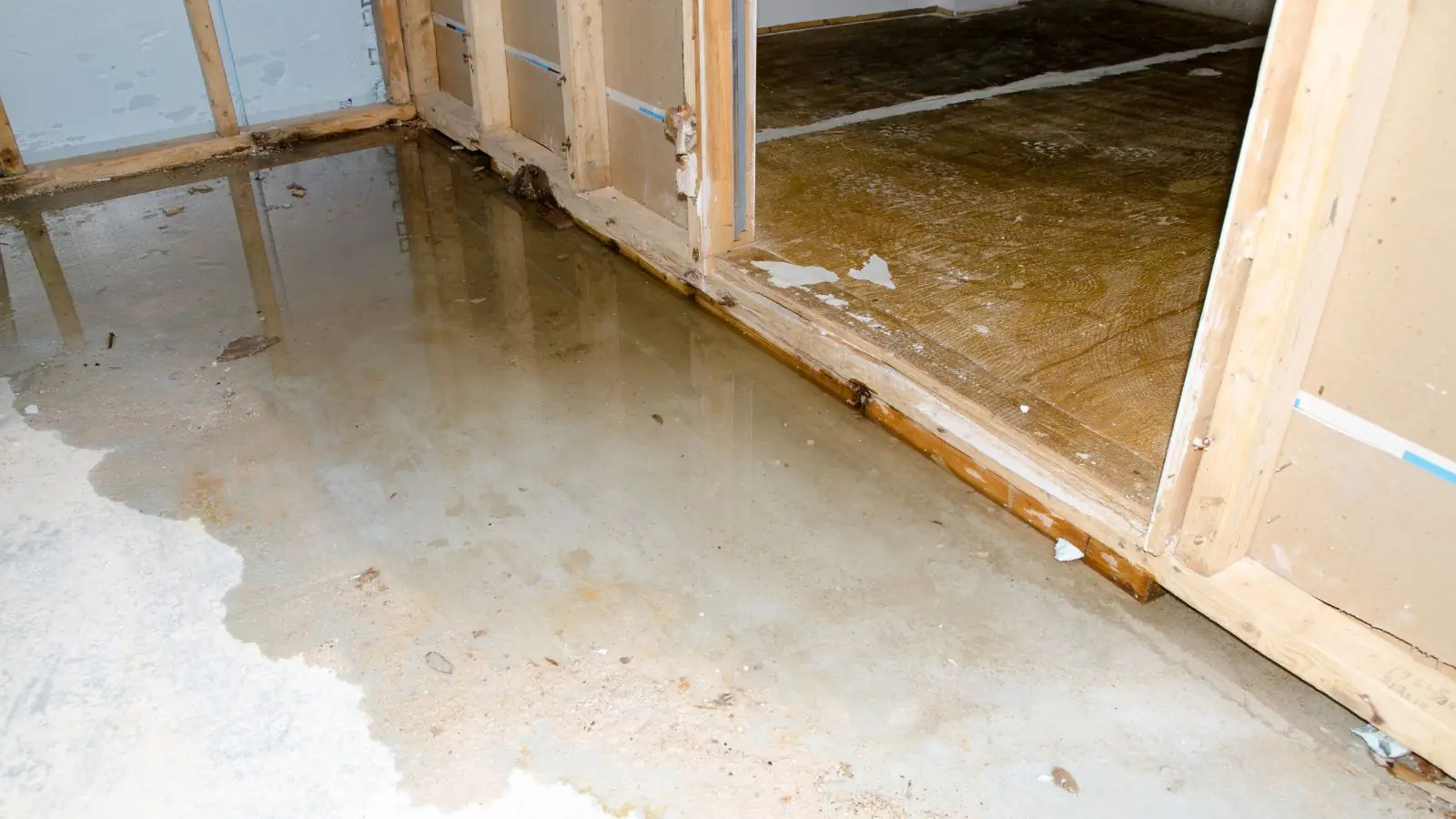 Wet basement floor with framed walls and a doorway, with water stains across the concrete