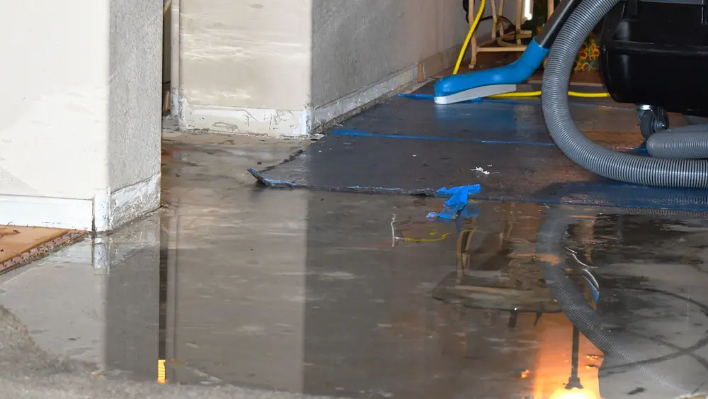 Extraction hose and equipment working on standing water in a hallway