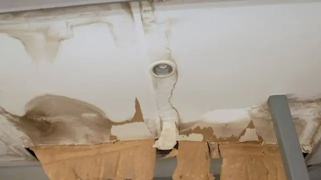 Water-stained ceiling with a fixture and peeling, sagging paper