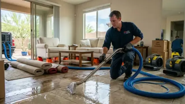 Technician extracting standing water from a living room with a blue hose beside air movers